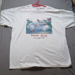 Vintage Jerzees White Short Sleeve Tee with Pig Design Stained Lake George